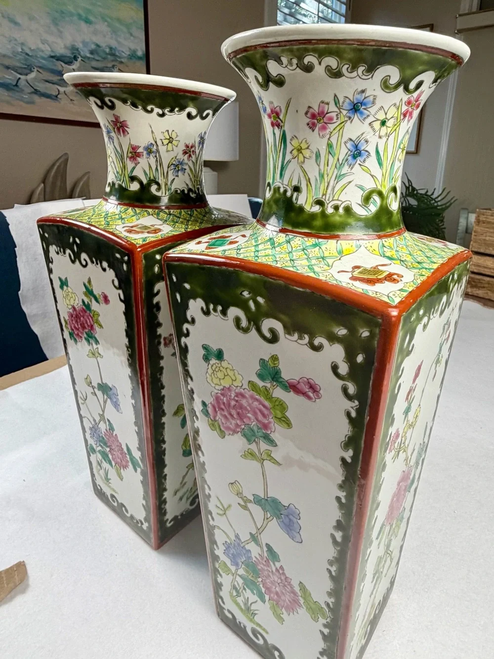 Hand-Painted Floral Porcelain Vase Pair - Green & Pink